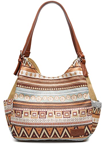 Worldlyda Women Canvas Hobo Purse Multi Pocket Tote Shopper Shoulder Bag Casual Top Handle handbag with Embroidery Ethnic - color: Be06brown Pattern 1
