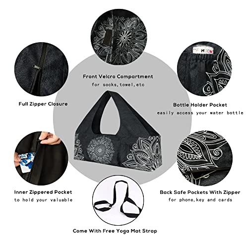 Yoga Mat Bag - Large Yoga Bag with Yoga Mat Strap, Zipper and Pockets - Yoga Bags and Carriers Fits All Your Stuff - Personalized Yoga Mat Bags for Women Fits Most Size Mats - color: Mandala Black