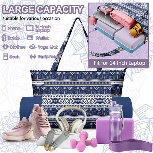 Yoga Bag for Women, Large Canvas Yoga Mat Tote Bag with Yoga Mat Carrier | Large Mat Pocket Fitness Tote for Pilates, Gym, Travel, Office & Beach - color: Blue Boho Elephant