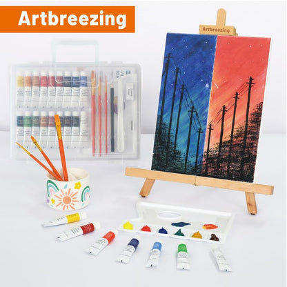 Artbreezing Acrylic Painting Kit with Art Easel,All-in-One Art Supplies | 31PC Painting Supplies with Canvas,Tabletop Easel for Painting,Brushes etc.Ideal Giftable Holiday Set for Kids and Adults.