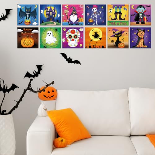 Anseal 12 Packs Pre Drawn Canvas to Paint, 4" X 4" Halloween Pre-Printed Paint Party for Painting, Pre Stretched Canvas Outline Painting Boards for Paint Lovers, Party Favor - style: Halloween