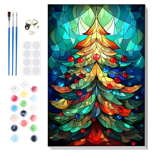 Bowetile Christmas Paint by Numbers for Adults Beginners Framed, Adults' Paint-by-Number Christmas Tree Kits on Canvas, Acrylic Number Painting Christmas Gifts for Home Wall Decor, 8x12in - color: Christmas Tree