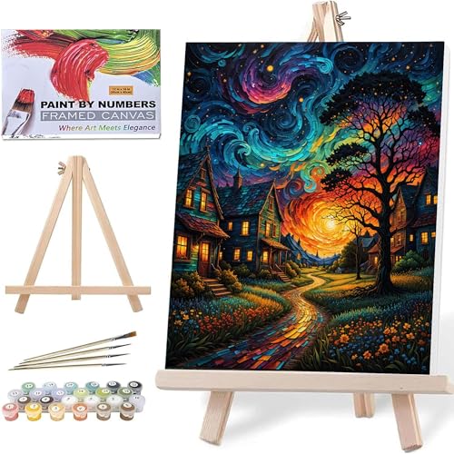 ldazao Starry Paint By Numbers Kit for Adults with Frame Wooden Easel, Country Night Paint By Number Kits for Beginner Moon for Gift Home Wall Decor 16x20 Inch - color: FDD52