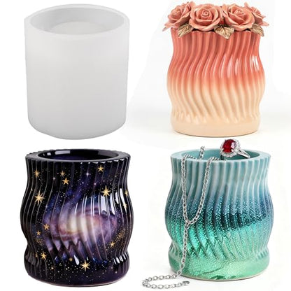 Cylinder Resin Jar Mold 3D Wave Pattern Storage Box Silicone Mold | Cylinder Tray Silicone Mold for Resin, DIY Jewelry Holder, Trinket Container Box, Candle Holder, Succulent Pot, DIY Art Craft - color: Cylinder Resin Molds