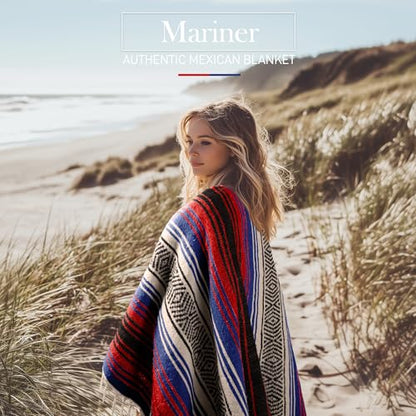Hydration Nation Authentic Large Handwoven Mexican Striped Throw Blanket - Soft, Durable, Eco-Friendly - 70"x50" - Mariner - color: Mariner
