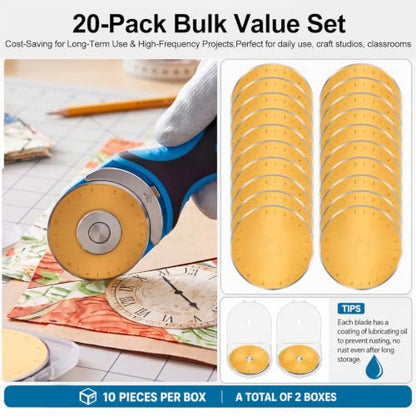 Wamlente 20 Pack 60mm Rotary Cutter Blades, Titanium Coated Steel,Gold | Fits Most Cutters for Quilting Sewing Crafts, Cuts Fabric Leather Vinyl Felt, Titanium Coating, Includes 2 Protective Cases - color: Gold