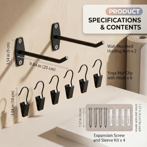Yoga Mat Wall Mount Holder & Clips for Eyelet Workout Mat Hanging Storage