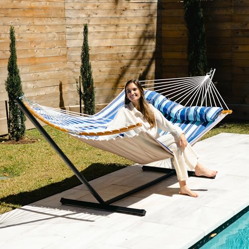Patio Hammock with 12FT Stand, Heavy Duty Hammock Blue Stripes | Freestanding Hammock with Curved Spreader Bars, Pillow, Safety Ropes and Portable Carring Bag, Outdoor Hammock, Max 450 Lbs - color: A-blue Stripes