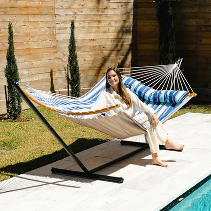 Patio Hammock with 12FT Stand, Heavy Duty Hammock Blue Stripes | Freestanding Hammock with Curved Spreader Bars, Pillow, Safety Ropes and Portable Carring Bag, Outdoor Hammock, Max 450 Lbs - color: A-blue Stripes