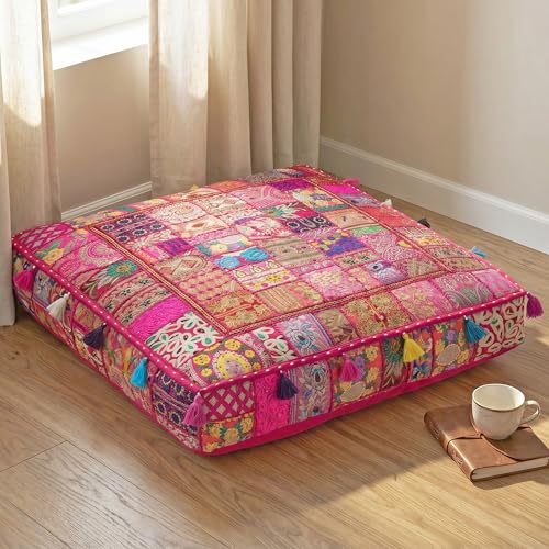 THE ART BOX Cotton Patchwork Boho Embroidered Floor Pillow & Cushion Cover, Vintage Seating Pouf for Meditation or Home Décor (35x35 Inches, Cover Only) - color: Pink