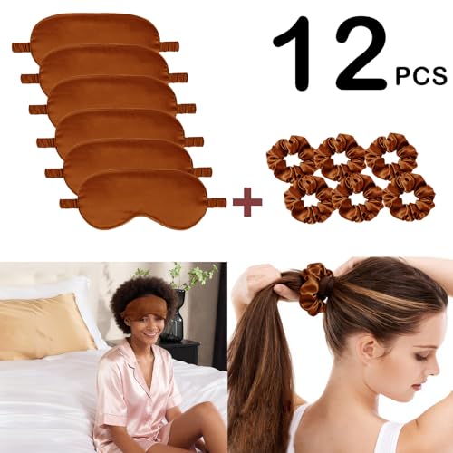 12Pcs Silk Sleep Masks Satin Eye Mask Silky Eyes Cover Blindfold Eyeshade Hair Ties Scrunchy Travel Bridesmaids Gifts - color: Maple