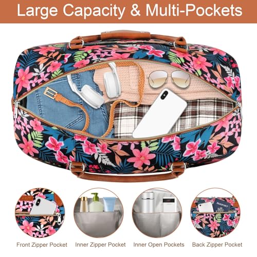 ITIEZY Weekender Bag for Women 21.5" Travel Duffel Large Carry On Bag 3PCS | Nylon Duffel Bag with Waterproof Shoe Compartment, Crossbody Bag and Toiletry Bag, Travel Weekend Hospital Overnight Gym Bag - color: 9-Black Fower