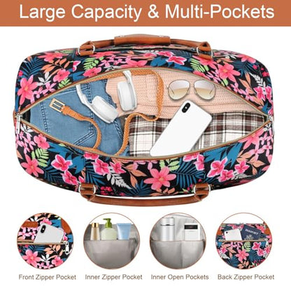 ITIEZY Weekender Bag for Women 21.5" Travel Duffel Large Carry On Bag 3PCS | Nylon Duffel Bag with Waterproof Shoe Compartment, Crossbody Bag and Toiletry Bag, Travel Weekend Hospital Overnight Gym Bag - color: 9-Black Fower