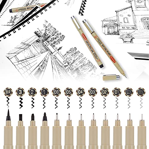 GETHPEN Micro Fineliner Set, Waterproof Archival Ink Fine Line Drawing Pens | 12 Black Fine Line Waterproof Ink Set Artist Supplies Archival Inking Markers Liner Sketch Outline Anime Manga Watercolor
