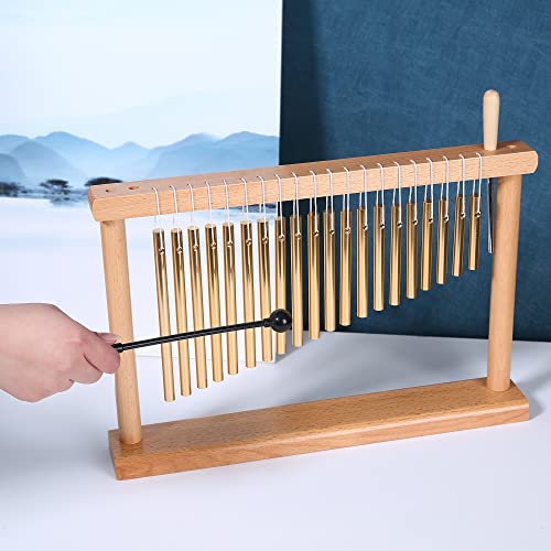 MIHEY 20 Note Bar Chimes Percussion Instrument | Tabletop Golden Wind Chime with Stand & Mallet for Sound Healing, Meditation & Music Therapy - color: Golden