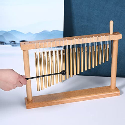 MIHEY 20 Note Bar Chimes Percussion Instrument | Tabletop Golden Wind Chime with Stand & Mallet for Sound Healing, Meditation & Music Therapy - color: Golden
