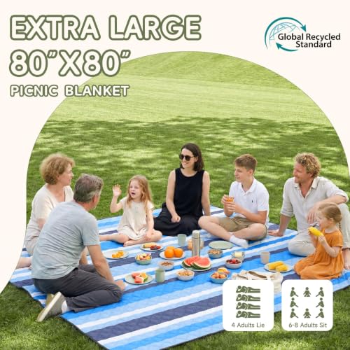 Genovega Waterproof Beach Blanket Picnic Outdoor Mat Rug Registry Wedding Search by Name Couple House Warming 2026 Housewarming Family Hostess Anniversary New Apartment Home Essential Must Have - color: Blue Black Stripe