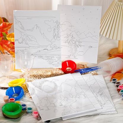 Sherr 96 Pcs 12 Sets Pre Drawn Canvas Kit for Painting Craft Sip and Paint Kit for Adults Pre Printed Canvas Painting Favor for DIY Birthday Gifts Adult's Date Party, 8 x 10 Inches(Landscape) - style: Landscape