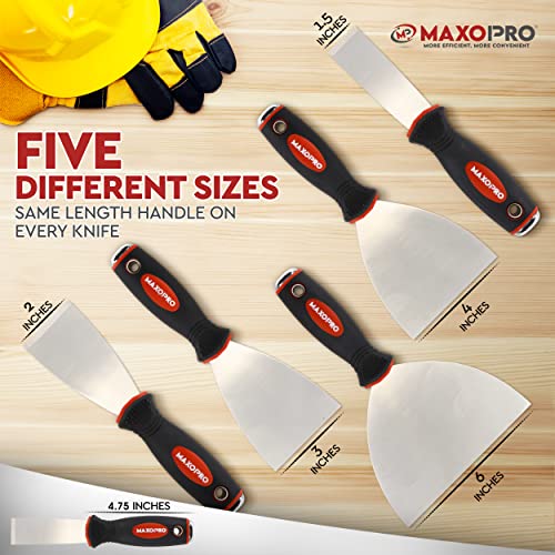 Professional Putty Knife Set Stainless Steel – 5Pcs Durable Putty Knife Scrapers for Drywall Spackle, Filing, Paint Scraping – Puddy Knife Wall Repair Kit with Ergonomic Non-Slip Handle