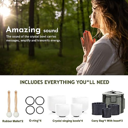 Crystal Singing Bowl Set of 4 PCS, 6"A, 8" F,10" G,12" C - size: 6"A 8"F 10"G 12"C