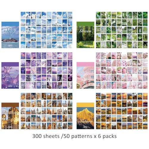 6 Sets 300 Pcs Washi Stickers Set Vintage Aesthetic Sticker Book for Journaling, DIY Retro Pattern Paper Sticker Decals for Bullet Journal Scrapbooking Diary Craft Gift Album Notebook for Women Girls - style: Fashion Art Style 2