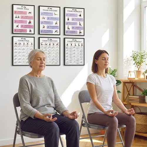 Amaxiu 6 Pack Chair Yoga Chart for Seniors Or Beginners - 30-Day Gentle Seated Workout & Tai Chi Posters for Stiffness, Joint Pain Relief - 11.2x8.26in Laminated Exercise Guides