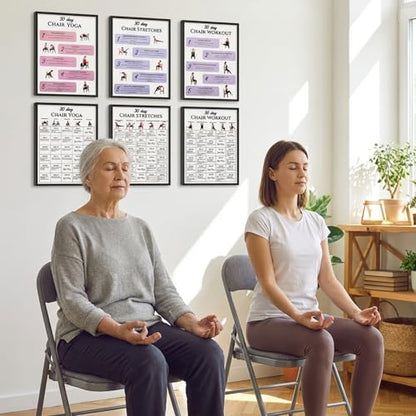 Amaxiu 6 Pack Chair Yoga Chart for Seniors Or Beginners - 30-Day Gentle Seated Workout & Tai Chi Posters for Stiffness, Joint Pain Relief - 11.2x8.26in Laminated Exercise Guides
