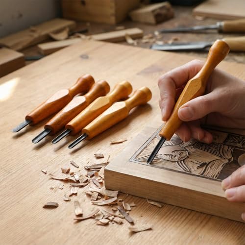WILLBOND 5 Pcs Linoleum Carving Tool Set Wood Handle Linocut,Round | V Shaped Chisel for Printmaking, Triangular Grip, Rubber Stamp Making, Block Cutting Kit, Woodcarving Projects - style: Round