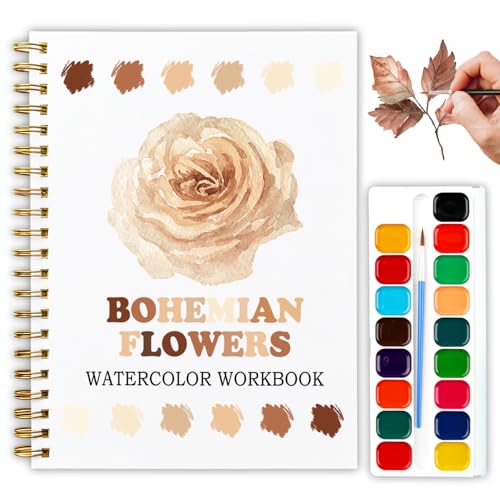 12 Boho Flower Patterns Watercolor Set, Bohemian Floral Painting Book for Beginners, Stress Relief Art Gift for Women, Relaxing DIY Workbook - color: Brown-Bohe Flowers