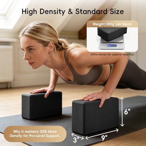 High Density EVA Yoga Blocks 2 Pack, 280g Pro-Level Exercise Brick (46-50 Shore C Firmness), Odor-Free & Non-Slip Foam Props for Yoga, Pilates & Stretching - color: black