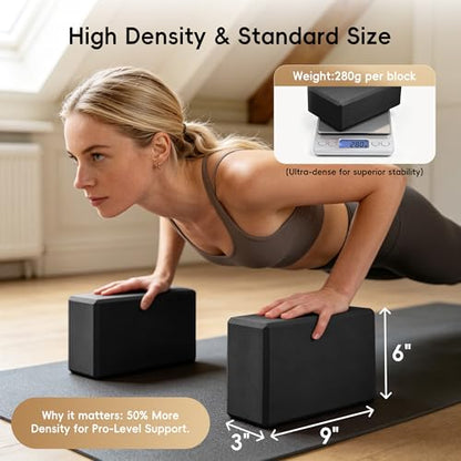 High Density EVA Yoga Blocks 2 Pack, 280g Pro-Level Exercise Brick (46-50 Shore C Firmness), Odor-Free & Non-Slip Foam Props for Yoga, Pilates & Stretching - color: black