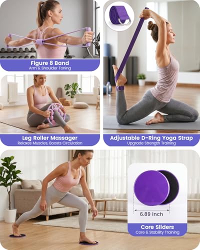 Pilates Kit, 24 in 1Home Pilates Workout Kit for Women, Pilates Equipment with 13" Pilates Ring and Ball, Starter Home Workouts - color: Purple