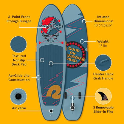 Retrospec Weekender Inflatable Stand Up Paddle Board Includes Paddle, Pump, and Accessories 10’6” Lightweight iSUP, Puncture Resistant Inflatable Paddle Board for Adults - color: Grateful Dead