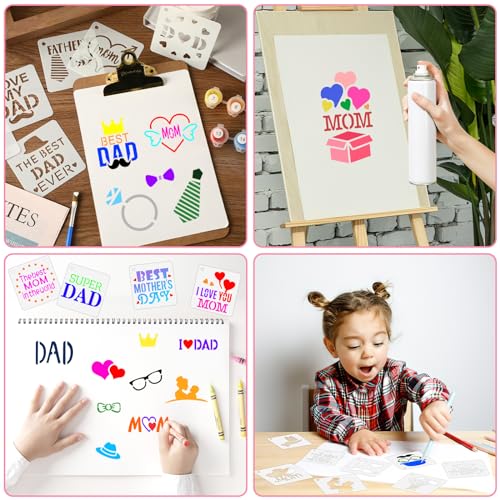 Augshy 56 PCS Happy Mothers Day Fathers Day Stencils, 3 Inch for Painting | Reusable, Happy Mothers Day Stencil, Fathers Day Painting, Scrapbooking Drawing, Wall Floor Decor, DIY Rock Painting - style: Father's/Mother's Day