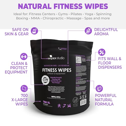 Wipex Gym Wipes Refill, 1400 Count (2 x 700), Thick Premium Fitness Equipment Wipes, Lavender Essential Oil & Vinegar Solution, Large 8” x 12” Cleaning Wipes - size: 700 Count (Pack of 2)