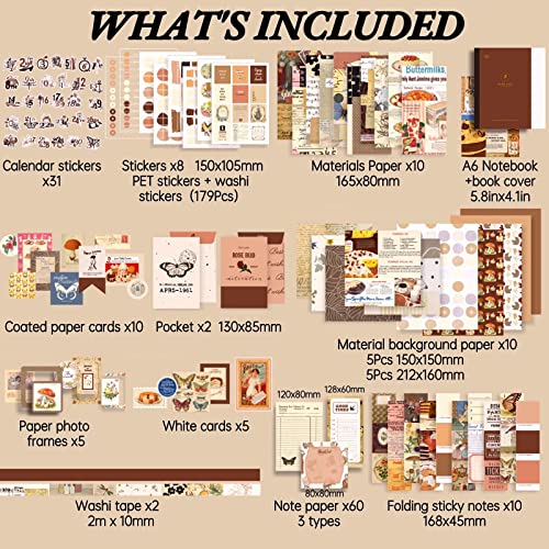 LCLAIDYDY 348 PCS Vintage Scrapbook Kit with A6 Grid Notebook, Bullet Junk Journals, DIY Gift Aesthetic Journaling Supplies for Teen Girl Women - color: Vintage