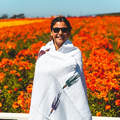 Open Road Goods Namaste White Yoga Blanket - Thick Mexican Thunderbird Blanket - Handmade and Made for Yoga!