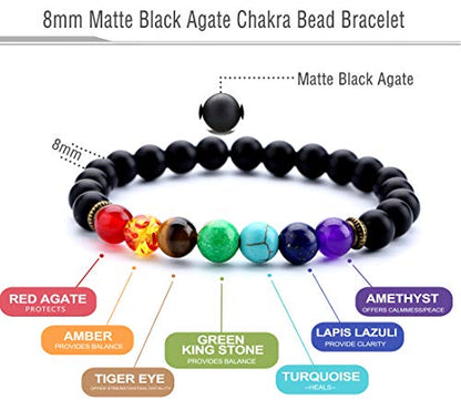Men Women 8mm Lava Rock 7 Chakra Beads Chakra Bracelet - color: Matta Black Agate