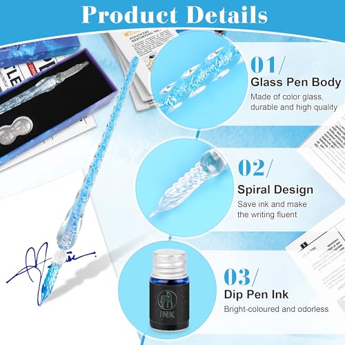 Luxiv Glass Ink Pen Set, Glass Dip Pen with Fluorescent Ink and Pen Holder Art Crystal Glass Pens for Signatures, Business Christmas Gift Glass Ink Pens (Blue, Basic) - color: Blue, style: Basic