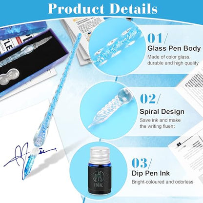 Luxiv Glass Ink Pen Set, Glass Dip Pen with Fluorescent Ink and Pen Holder Art Crystal Glass Pens for Signatures, Business Christmas Gift Glass Ink Pens (Blue, Basic) - color: Blue, style: Basic
