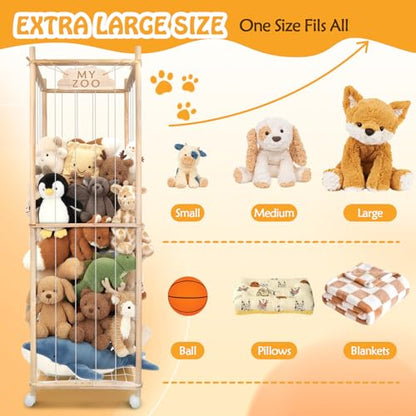 Stuffed Animal Storage Zoo with Wheels, 64" Wooden Large - color: Wooden