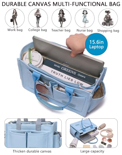 ZHMO Canvas Tote Bag for Women,Women's Bags Crossbody Bags Work Laptop Tote Bag Large Handbags Purse for Travel Nurse Teacher - color: New Upgrade Light Blue With Compartments and Side Cup Holders