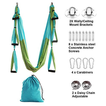 Aerial Trapeze Yoga Hammock Kit - Ultra Strong Antigravity Yoga Flying Sling Inversion Swing Tool Set - color: Mixed Green