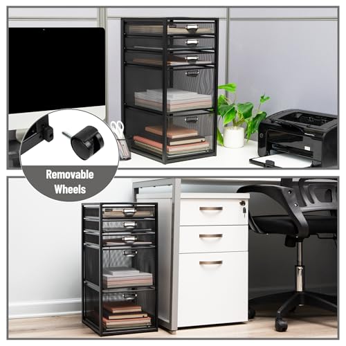 Mind Reader Vertical Office Storage Organizer with Mesh Drawers Label Holders and Optional Wheels, Metal Mesh, Black - size: 5-Drawers