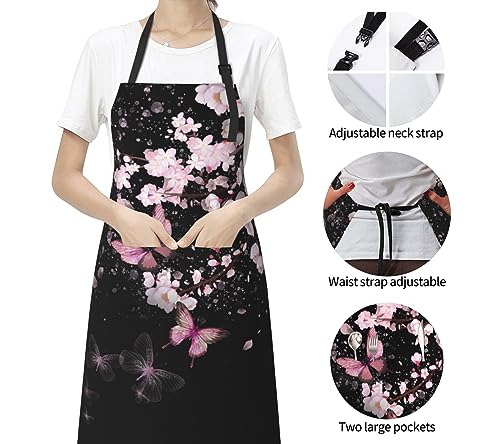 Art Apron with Pocket for Women Men | Kitchen Aprons Chef Apron for Cooking Baking BBQ Painting Gardening - color: Cherry Blossom With Butterflies
