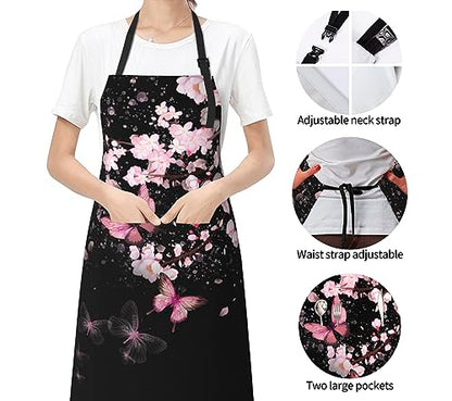 Art Apron with Pocket for Women Men | Kitchen Aprons Chef Apron for Cooking Baking BBQ Painting Gardening - color: Cherry Blossom With Butterflies