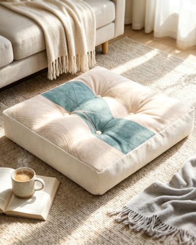 Large Floor Cushion 22x22x5", Tufted Meditation Cushion, Washable Cover - color: Beige