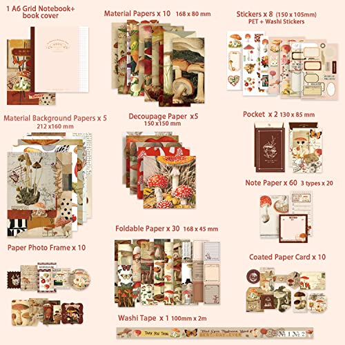 emmoolife Scrapbooking Supplies Kit, Vintage Mushroom Aesthetic Scrapbook Kit for Bullet Junk Journal, Stationery, A6 Grid Notebook, DIY Journaling Supplies, Birthday Craft Gift for Teen Girl Women - color: Mushroom