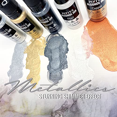 Metallic Alcohol Ink Set, Gold, Silver, Gunmetal, Copper, Pearl, Metallic Mixatives with Extreme Shimmer for Alcohol Ink Paper, Large 0.5 Ounce Inks - color: Metallics