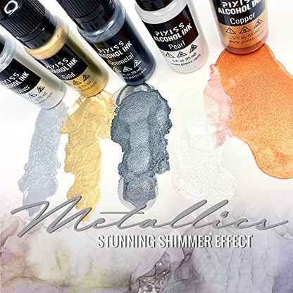 Metallic Alcohol Ink Set, Gold, Silver, Gunmetal, Copper, Pearl, Metallic Mixatives with Extreme Shimmer for Alcohol Ink Paper, Large 0.5 Ounce Inks - color: Metallics
